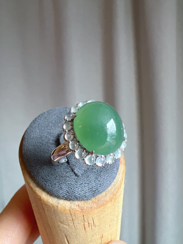 925銀天然緬甸翡翠油青色蛋面介子小冰蛋 Natural Burmese rich green cabochon silver ring