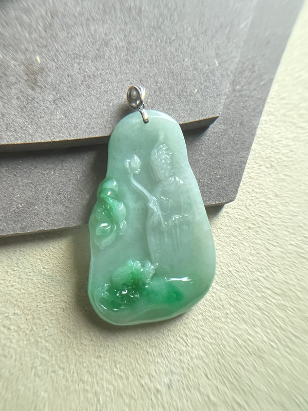 天然緬甸翡翠蓮花觀音佛綠18k 吊墜Natural Burmese Jade Lotus Guanyin Buddha Green 18k Pendant