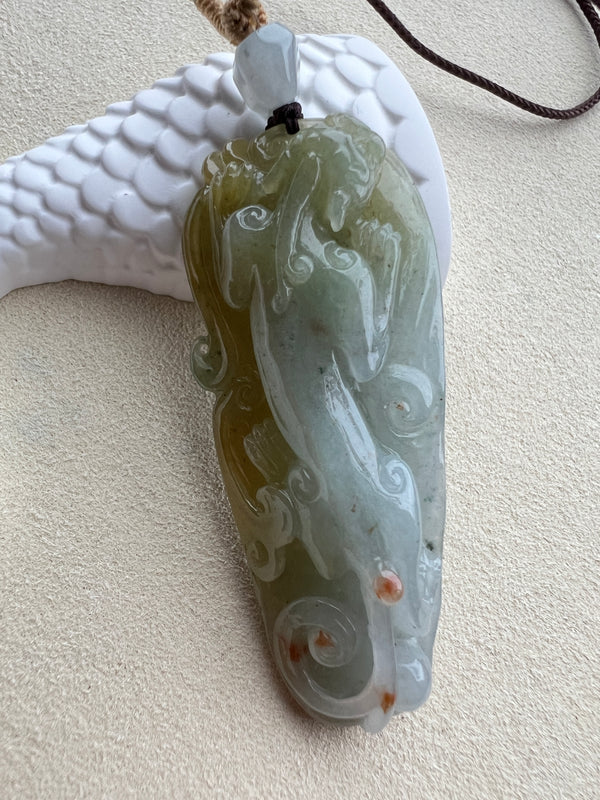 Yellow green red dragon and phoenix burma jade handmade crafted pendant necklace